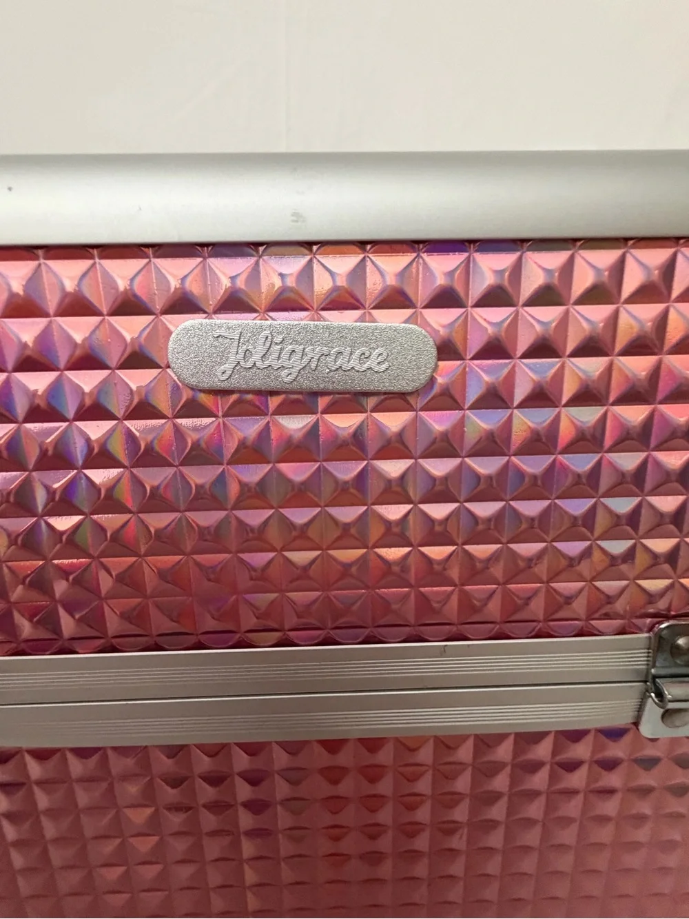 Joligrace Pink Holographic Makeup Train Case with Mirror (F269)